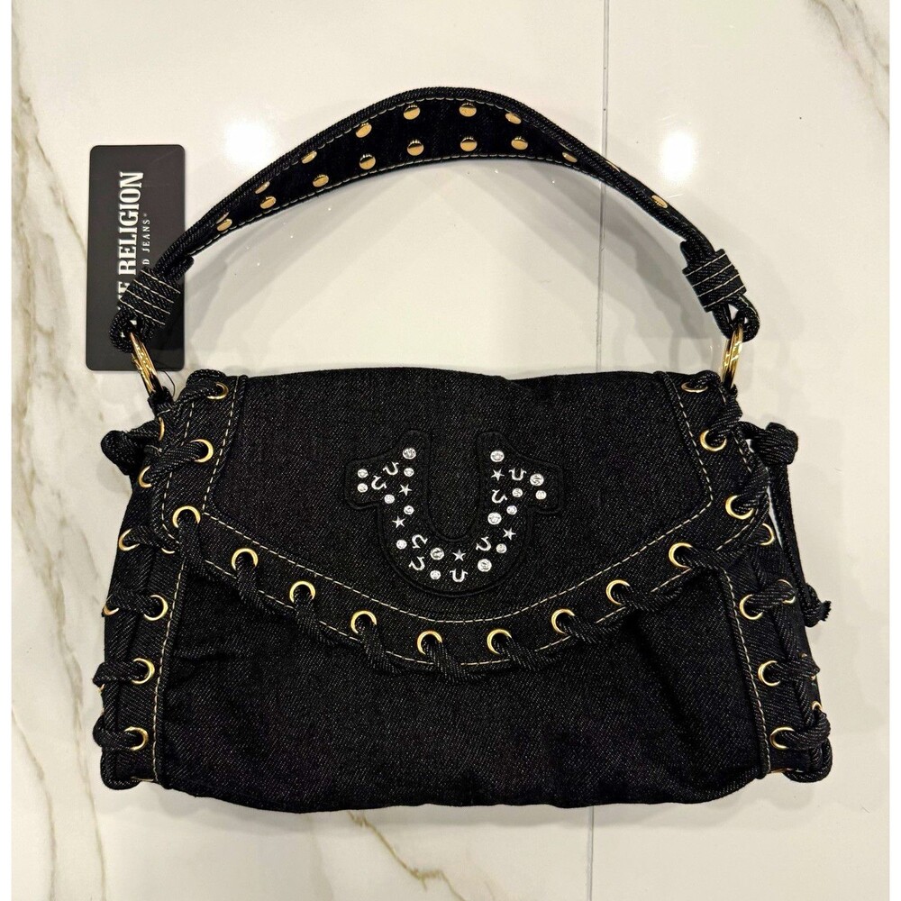 true religion black denim horseshoe studded shoulder bag w/ lace-up sides